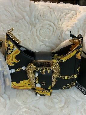 Versace Jeans Collection Black & Yellow Baroque Shoulder Bag with Gold Hardware